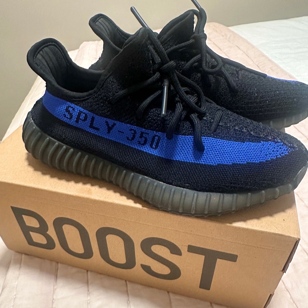 Almost new Yeezy Boost 350 V2 Black/Dazzle Blue 6.5M/8W with original box
